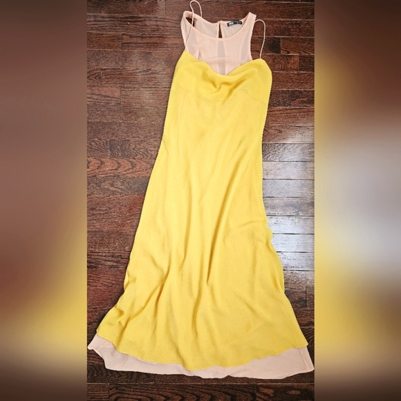 🥰HOST PICK🥰 Zara Slip Dress Double Layer Yellow Mustard Nude Midi size L - Picture 6 of 8